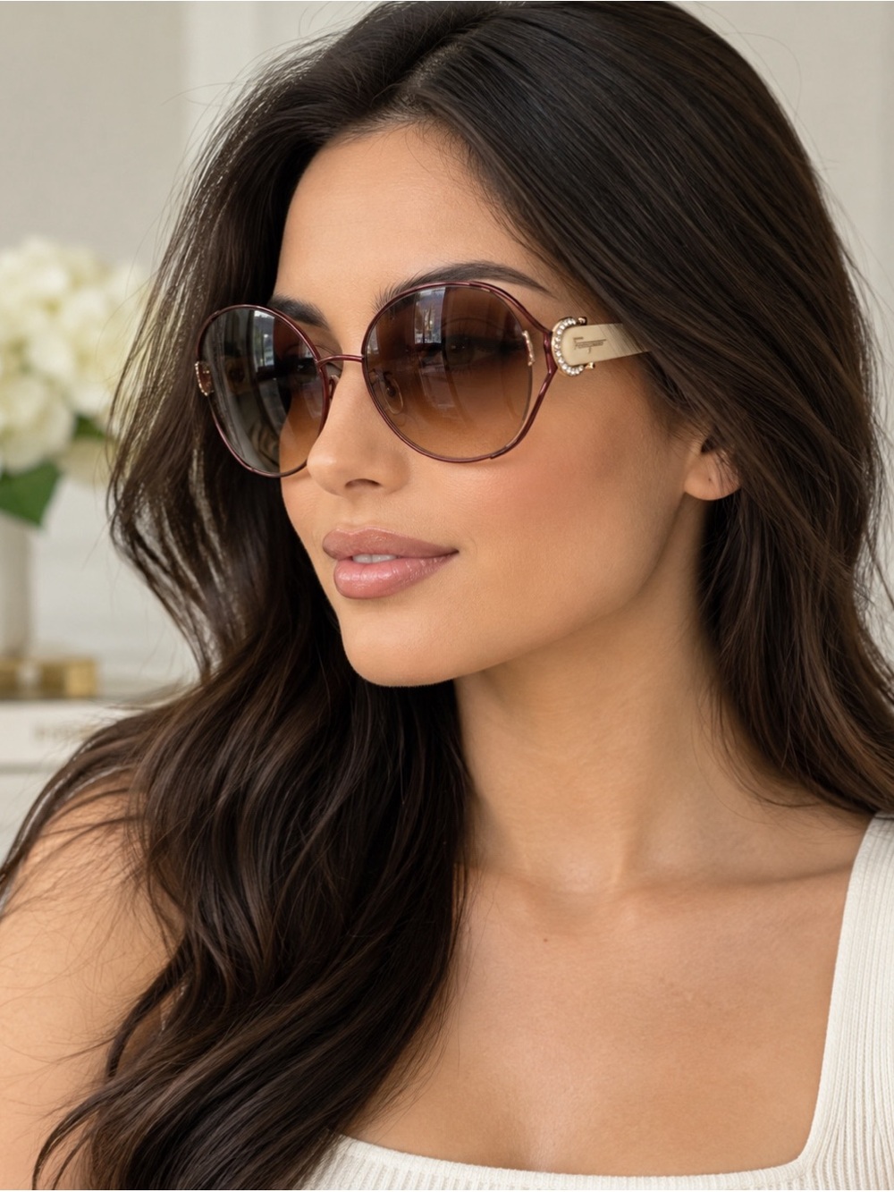 Salvatore Ferragamo Brown Gradient Round Sunglasses 59mm Gancini Semi Rimless UV